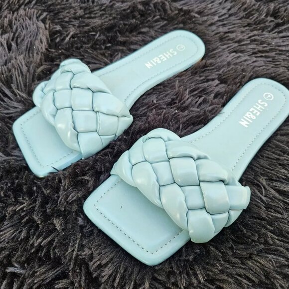 SHE&IN Women Sandal Blue Flat Shoe Faux Leather Shoes Size 7 - Picture 3 of 11